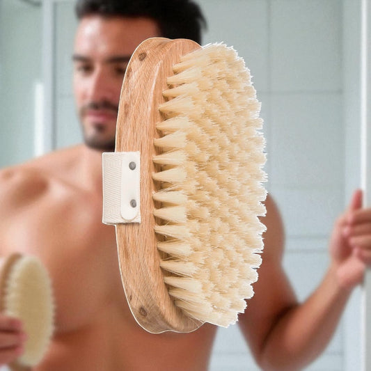 Little Mount Lavender natural wood body brush with soft bristles and a comfortable hand strap for exfoliating skin.