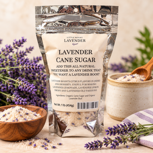 Little Mount Lavender lavender cane sugar 1 lb silver pouch with lavender and sugar on cream background