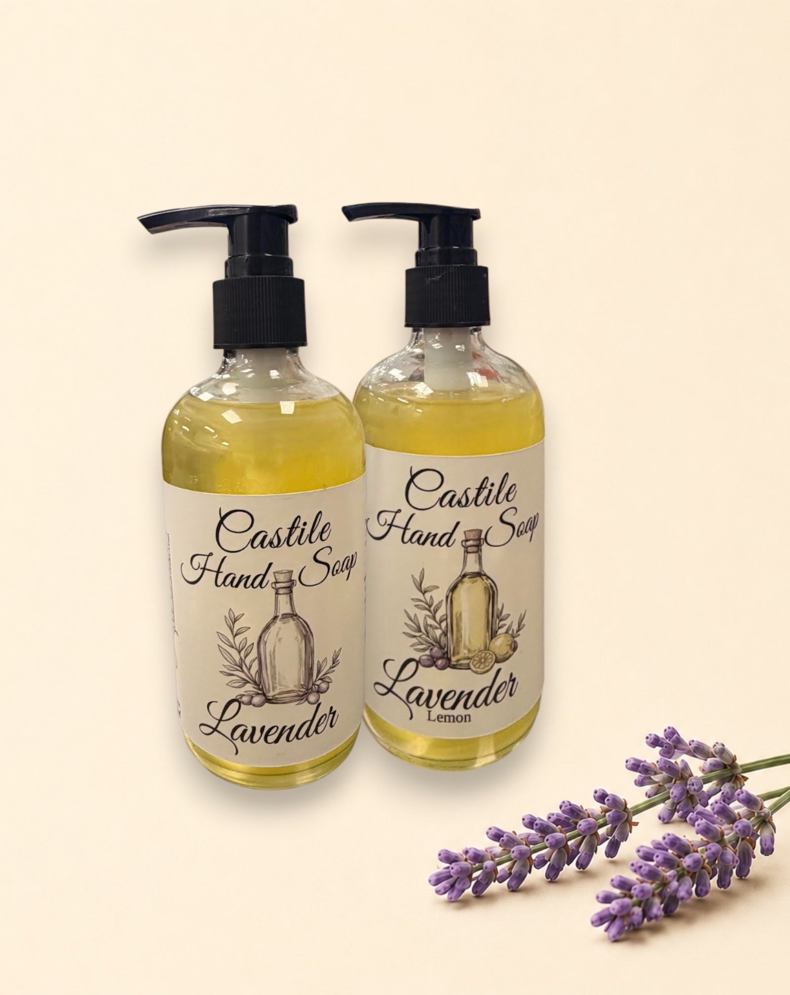 Little Mount Lavender Castile Hand Soap in a clear bottle with a black pump dispenser and botanical label design.
