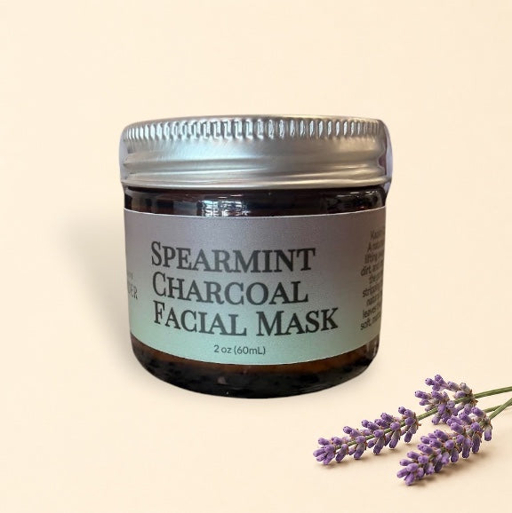 Little Mount Lavender Spearmint Charcoal Facial Mask in a 2oz amber glass jar with a silver lid.
