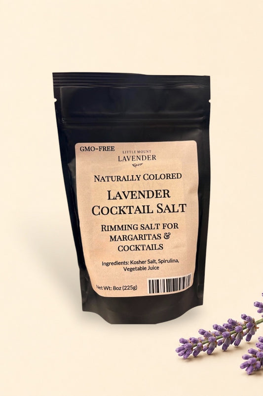Little Mount Lavender naturally colored lavender cocktail rimming salt in an 8oz resealable black pouch