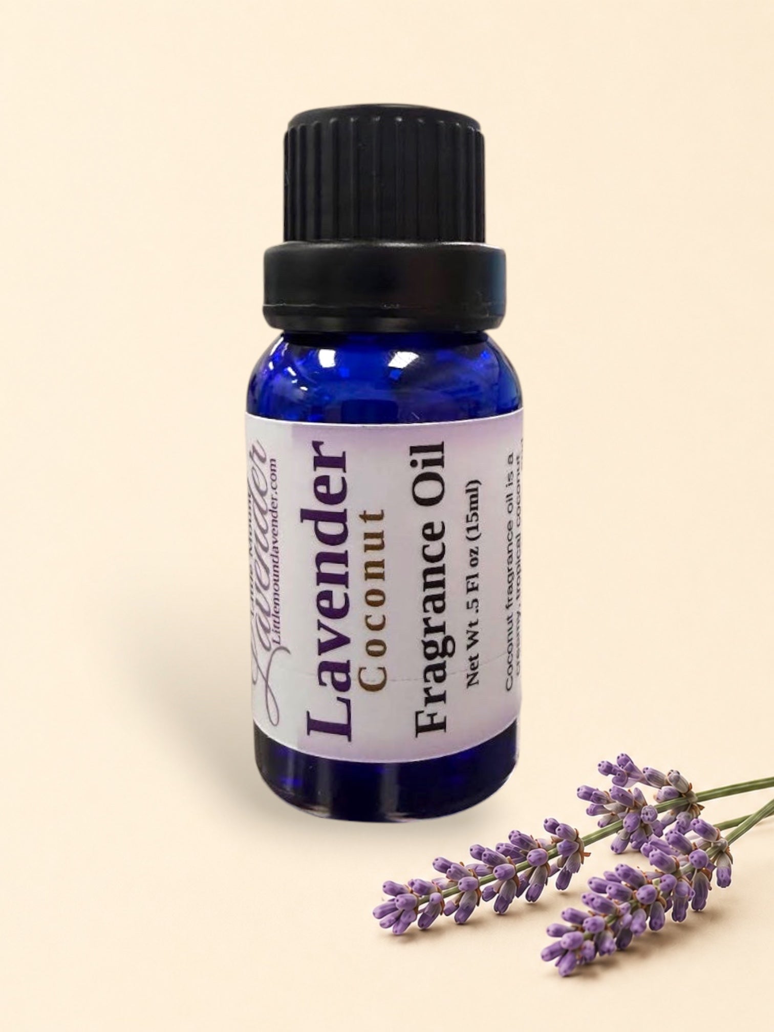 Little Mount Lavender 15ml fragrance oil in a deep blue glass bottle with a black cap for aromatherapy diffusers.