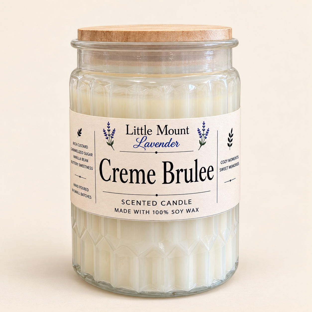 Little Mount Lavender Creme Brulee soy candle in a clear textured glass jar with a wooden lid.