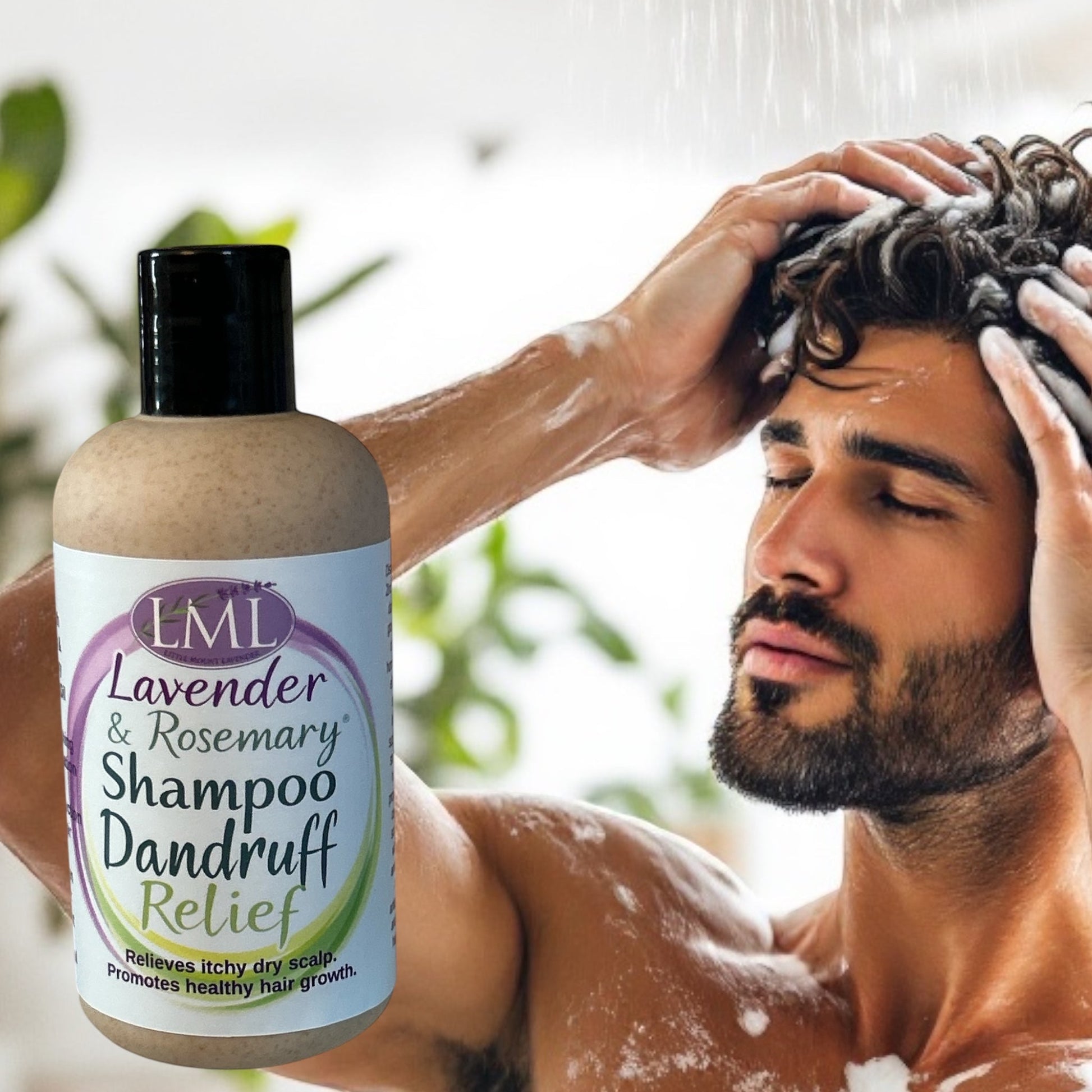 Little Mount Lavender shampoo for dry scalp and dandruff relief with rosemary and lavender in a bottle next to a man