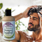 Little Mount Lavender shampoo for dry scalp and dandruff relief with rosemary and lavender in a bottle next to a man