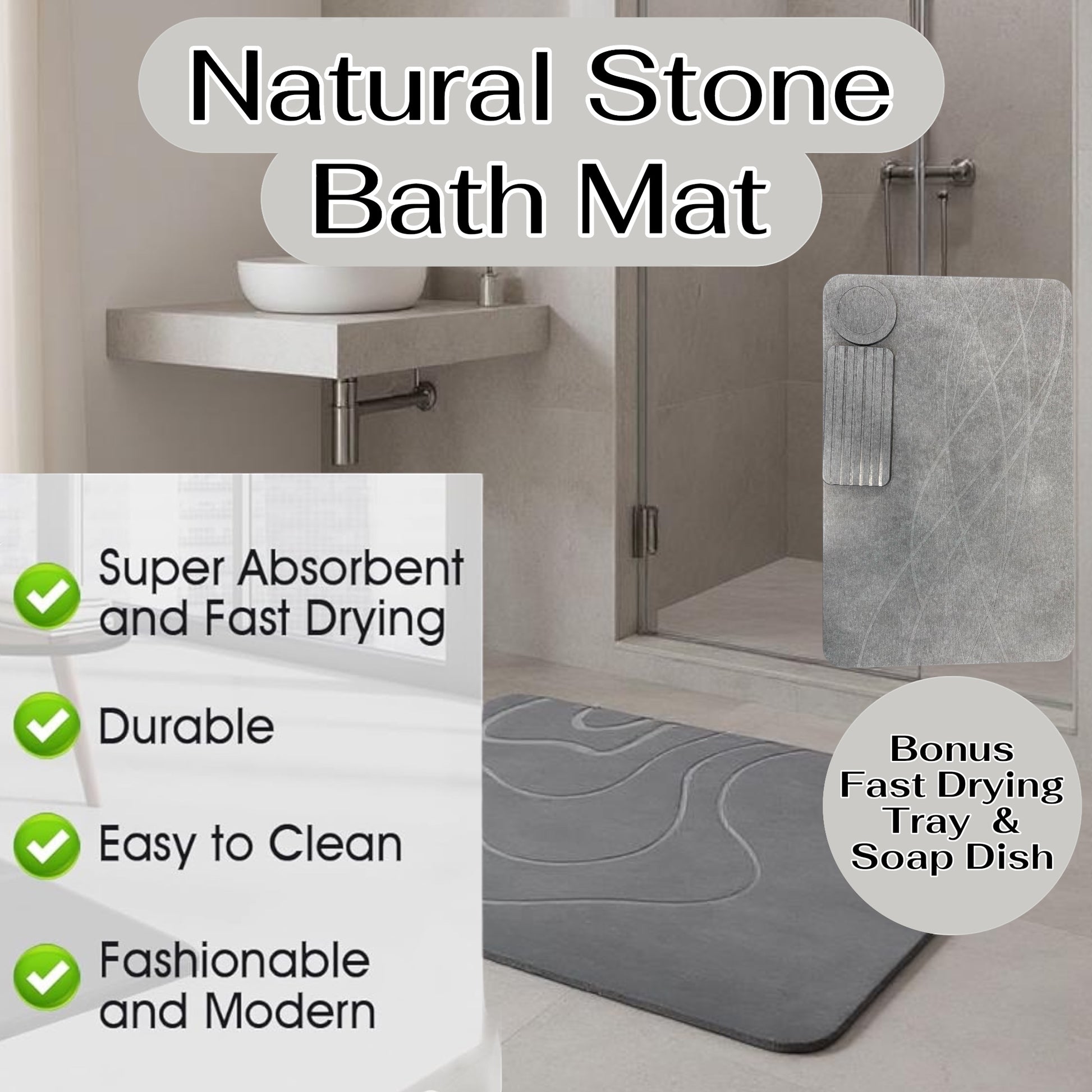 Little Mount Lavender grey diatomaceous earth bath mat with bonus countertop tray and soap dish in a modern bathroom.