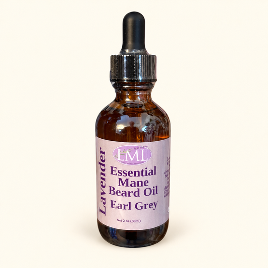 Earl Grey Essential Mane beard oil in an amber glass dropper bottle.