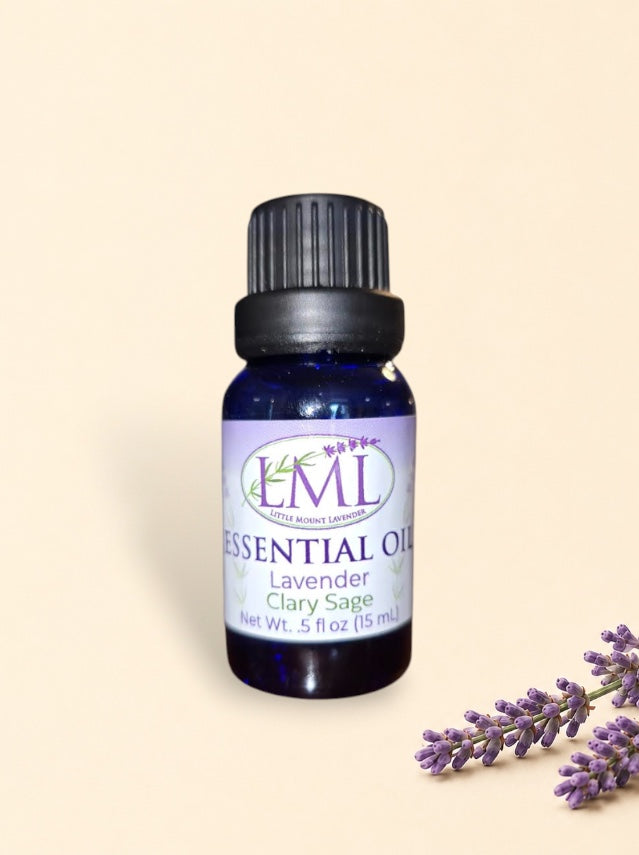 Little Mount Lavender essential oil blend of lavender and clary sage in a 15ml blue glass bottle with black cap.