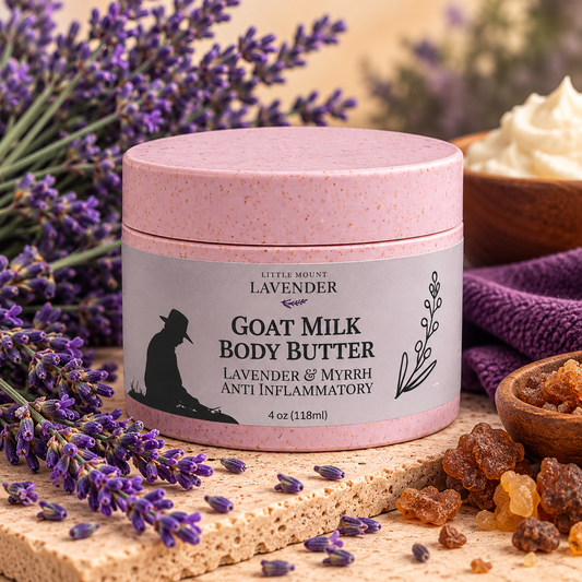 Farm Hands Goat Milk Body Butter Lavender and Myrrh 4 oz in speckled mauve jar on warm cream background with lavender and myrrh resin