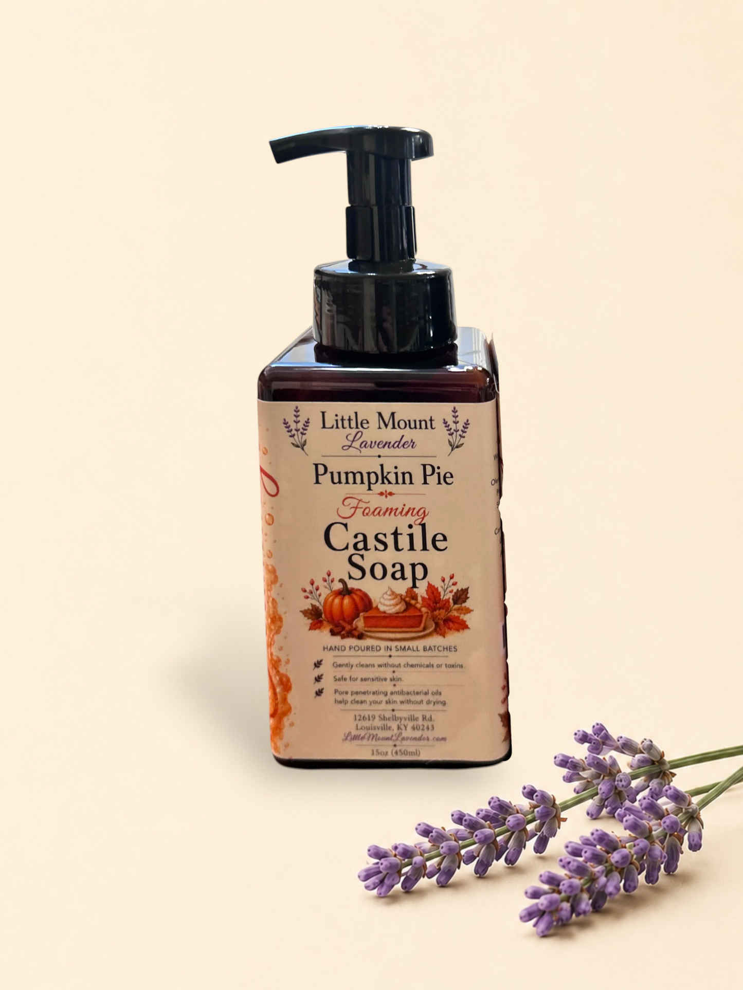 Two Little Mount Lavender foaming castile soap bottles in Pumpkin Pie and Apple Strudel scents with black pump tops.
