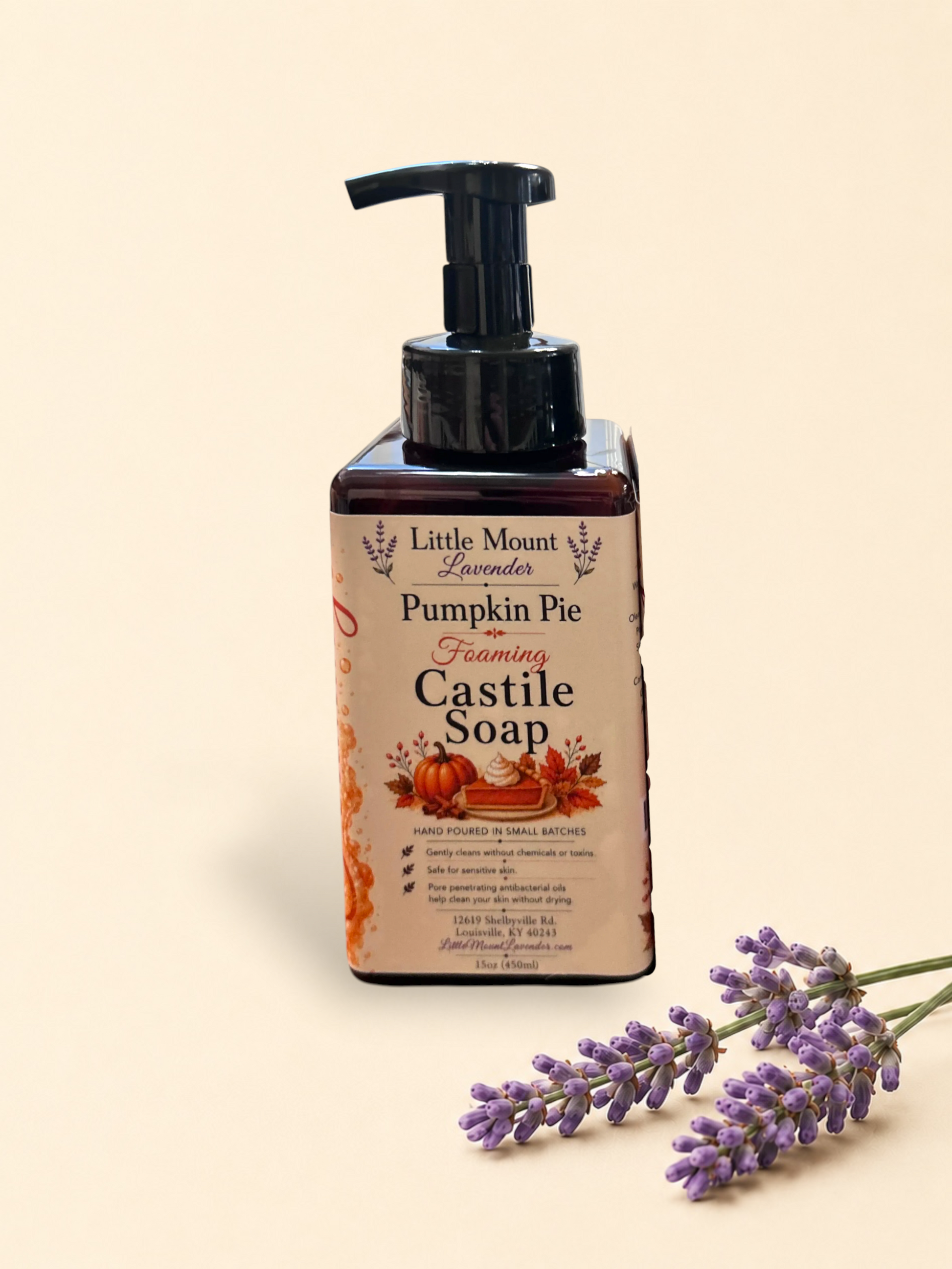 Two Little Mount Lavender foaming castile soap bottles in Pumpkin Pie and Apple Strudel scents with black pump tops.