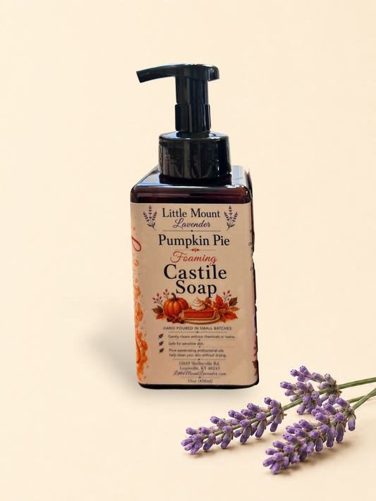 Two Little Mount Lavender foaming castile soap bottles in Pumpkin Pie and Apple Strudel scents with black pump tops.