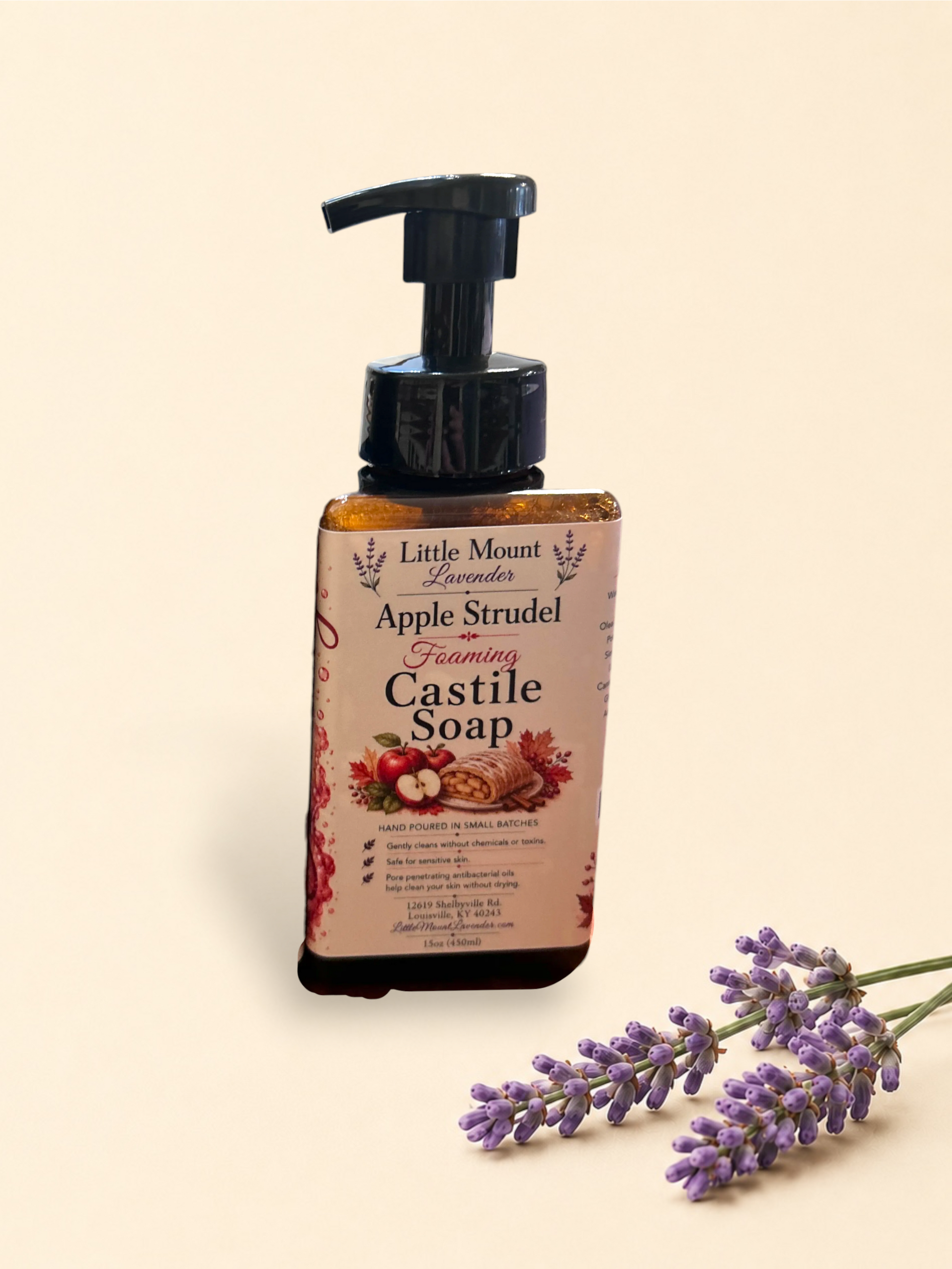 Two Little Mount Lavender foaming castile soap bottles in Pumpkin Pie and Apple Strudel scents with black pump tops.