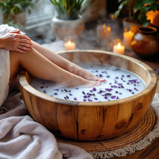 Little Mount Lavender foot soak salts in a wooden basin with lavender petals, creating a relaxing spa atmosphere.