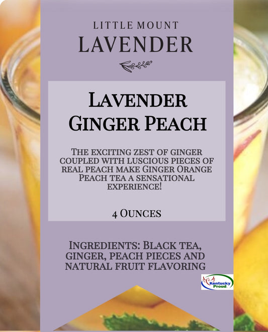Little Mount Lavender Ginger Peach black tea blend in a 4-ounce package with ginger and real peach pieces.