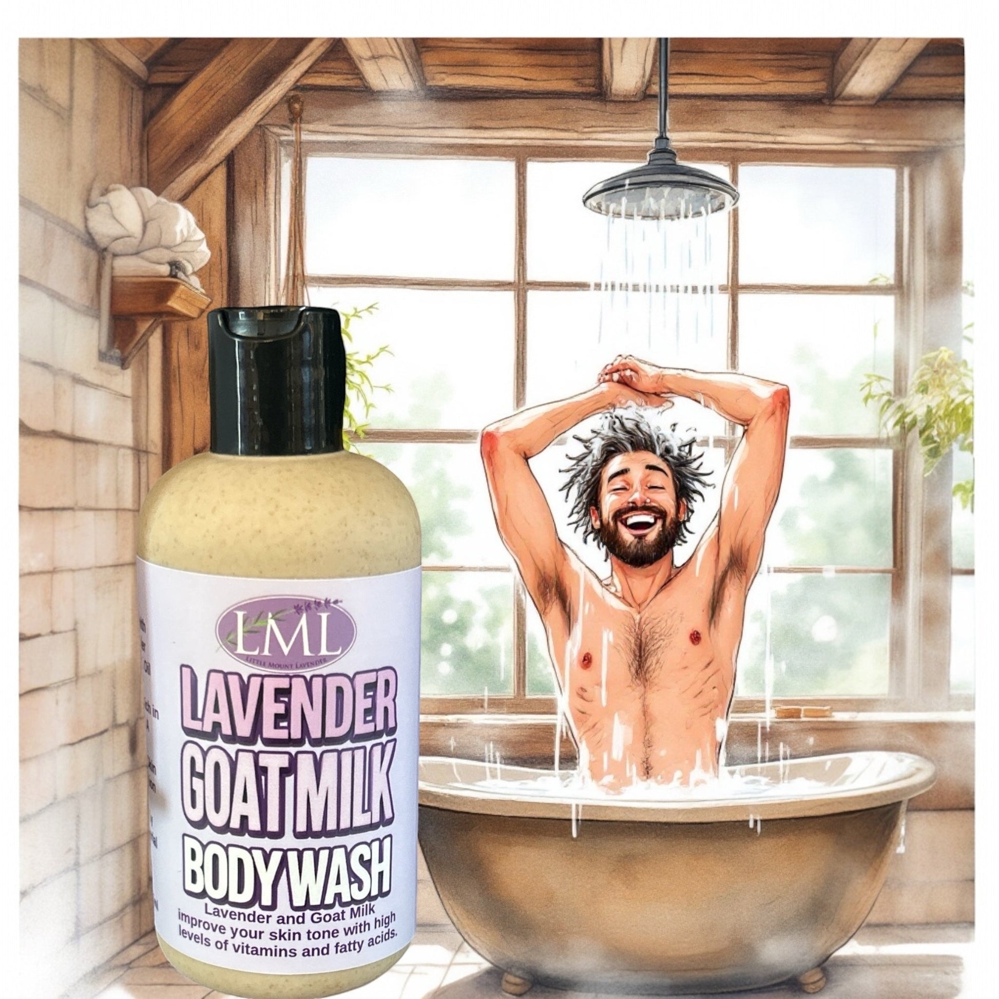 Little Mount Lavender goat milk body wash bottle in front of a man showering in a rustic bathroom.