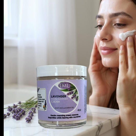 Little Mount Lavender goat milk facial cleanser cream with lavender, applied to a woman's cheek for skincare.