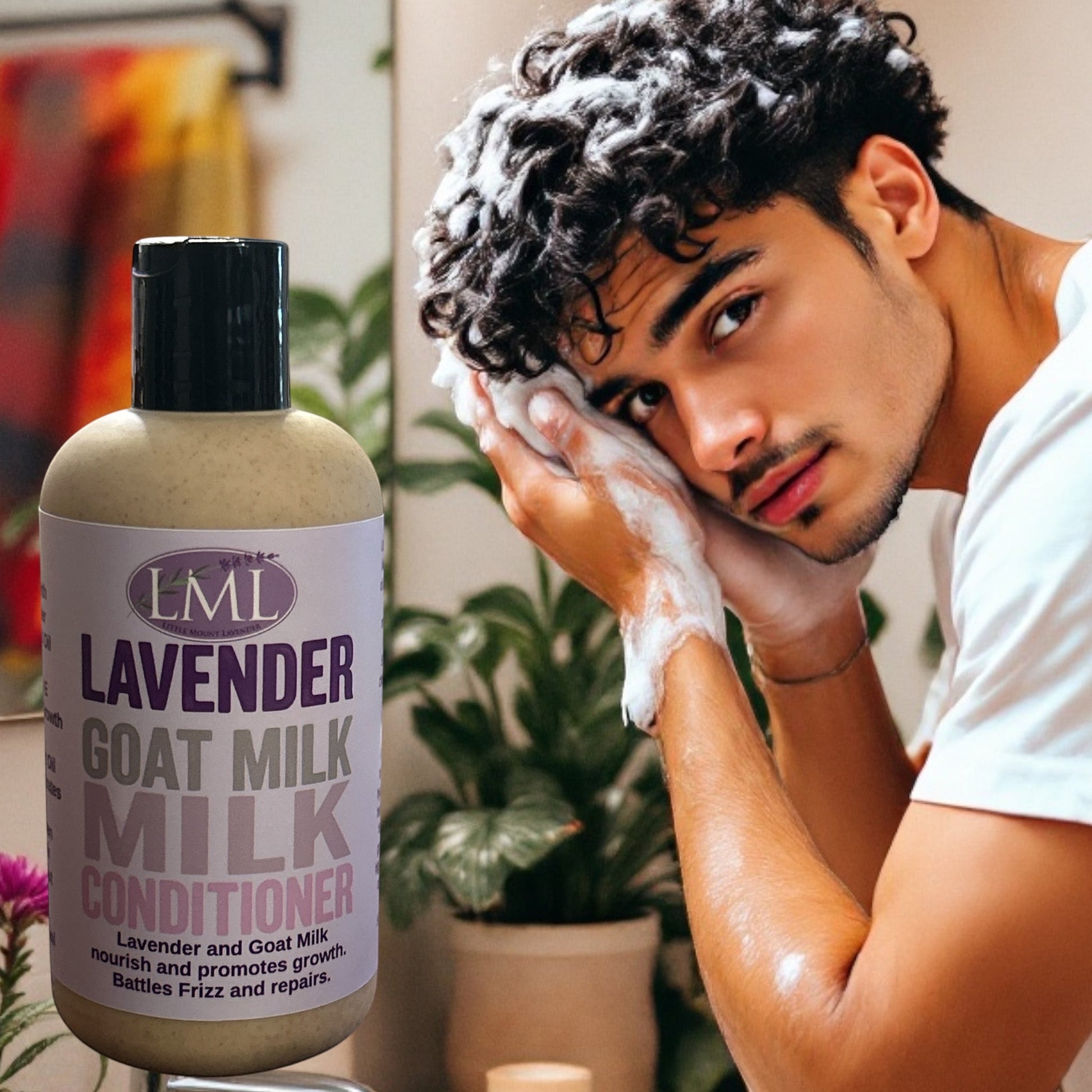 Little Mount Lavender goat milk conditioner bottle next to a man with curly hair washing with lather in a bathroom.