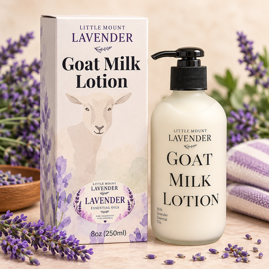 Little Mount Lavender Goat Milk Lotion glass pump bottle and lavender gift box on cream background