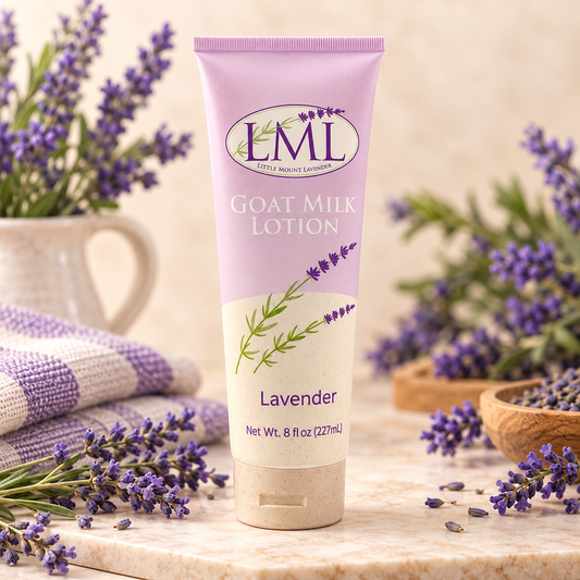 Little Mount Lavender Goat Milk Lotion Lavender 8 oz tube with fresh lavender on cream background