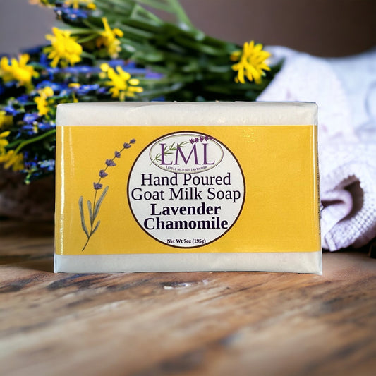 Little Mount Lavender handcrafted goat milk soap with calming lavender and chamomile scent on a rustic wooden surface.