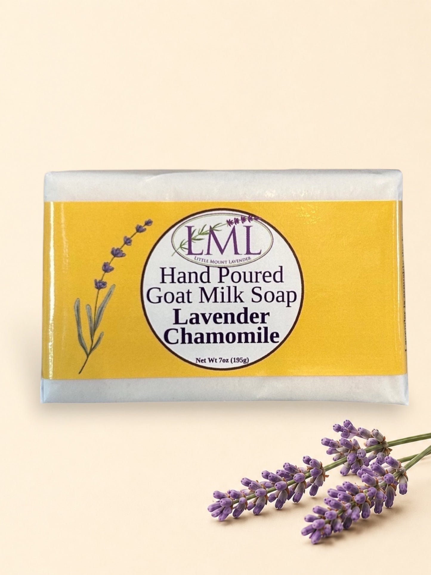 Little Mount Lavender handcrafted goat milk soap with calming lavender and chamomile scent on a rustic wooden surface.