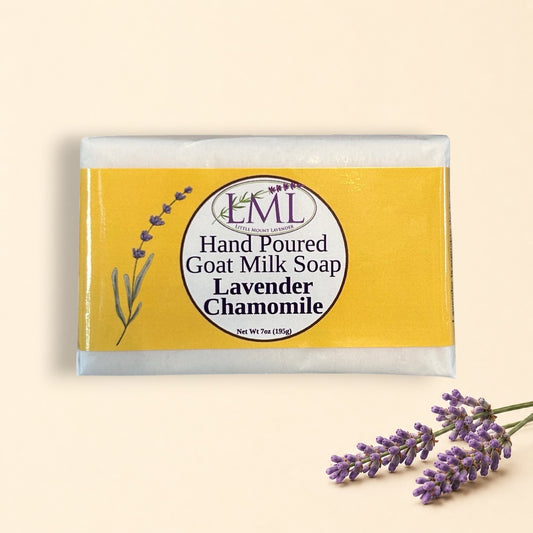 Little Mount Lavender handcrafted goat milk soap with calming lavender and chamomile scent on a rustic wooden surface.
