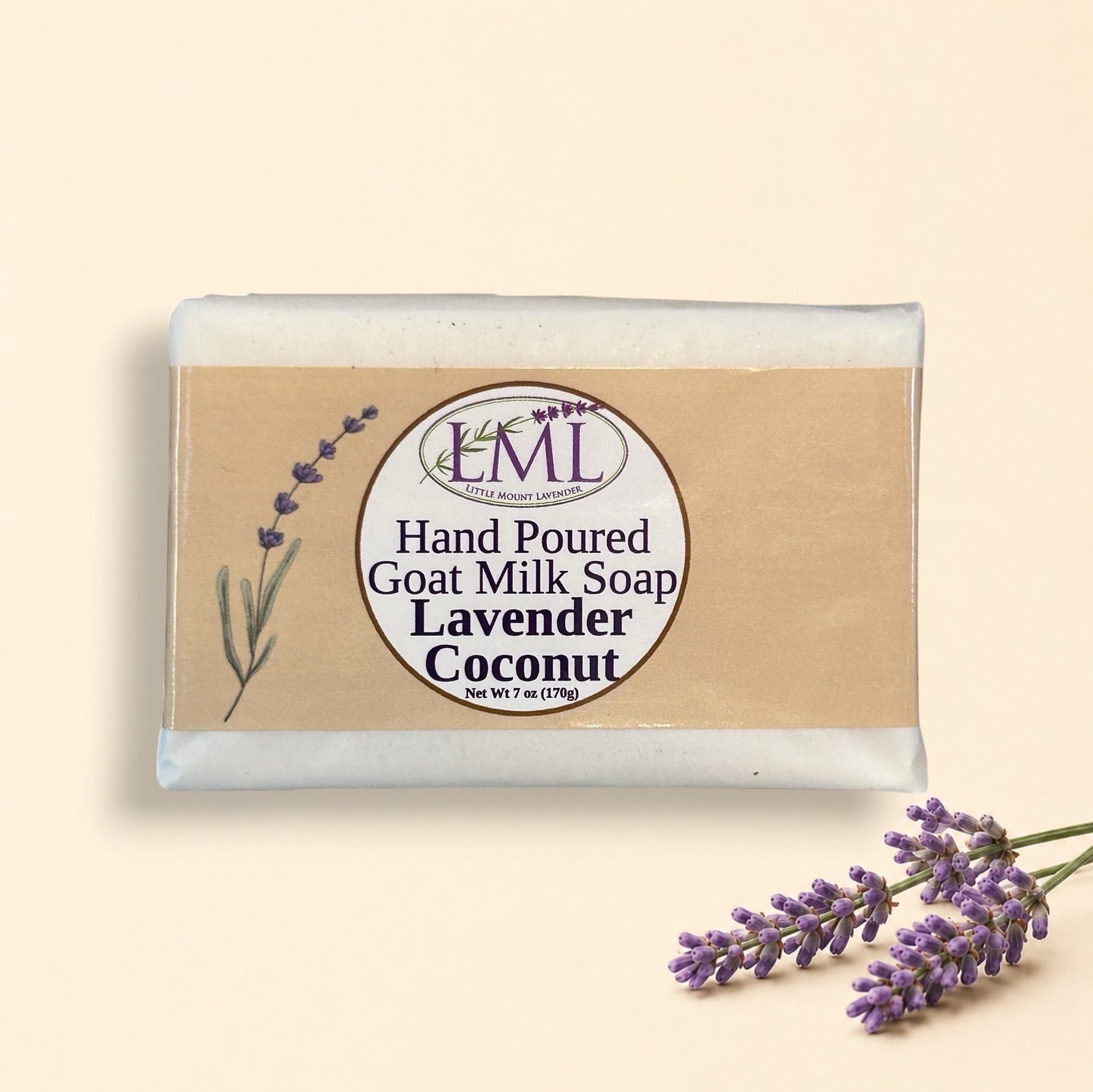 Little Mount Lavender handcrafted goat milk soap with lavender and coconut scent on a sunny tropical beach.