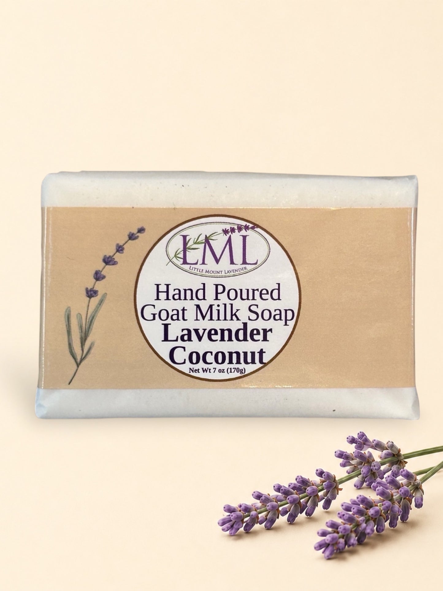 Little Mount Lavender handcrafted goat milk soap with lavender and coconut scent on a sunny tropical beach.