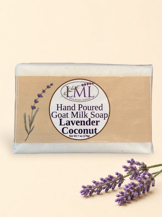 Little Mount Lavender handcrafted goat milk soap with lavender and coconut scent on a sunny tropical beach.