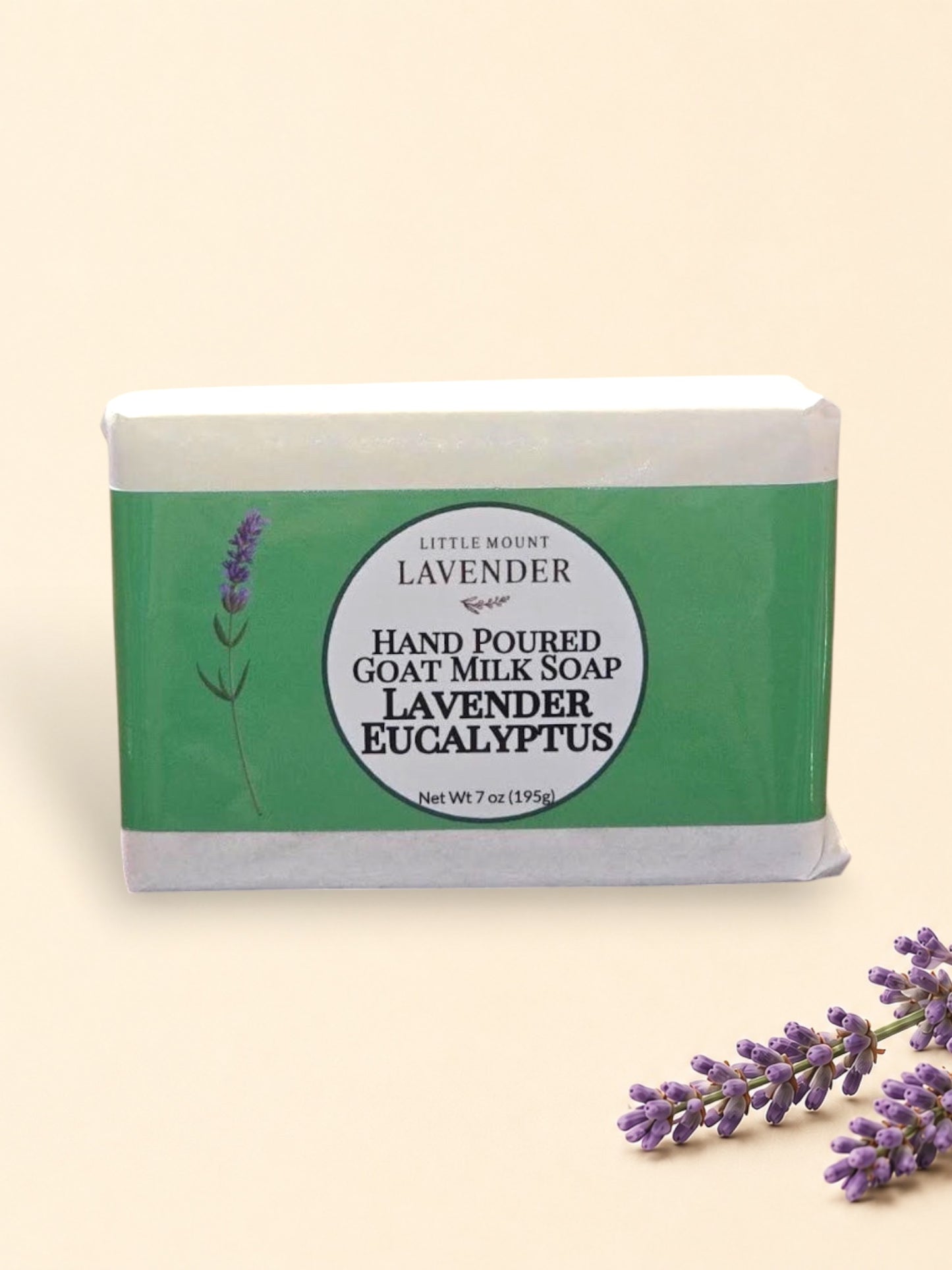 Little Mount Lavender hand-poured goat milk soap bar with lavender and eucalyptus scent in white paper packaging.