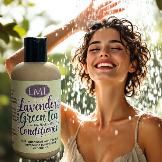 Little Mount Lavender Green Tea Ultra Nourishing Conditioner bottle next to a woman showering in natural light.
