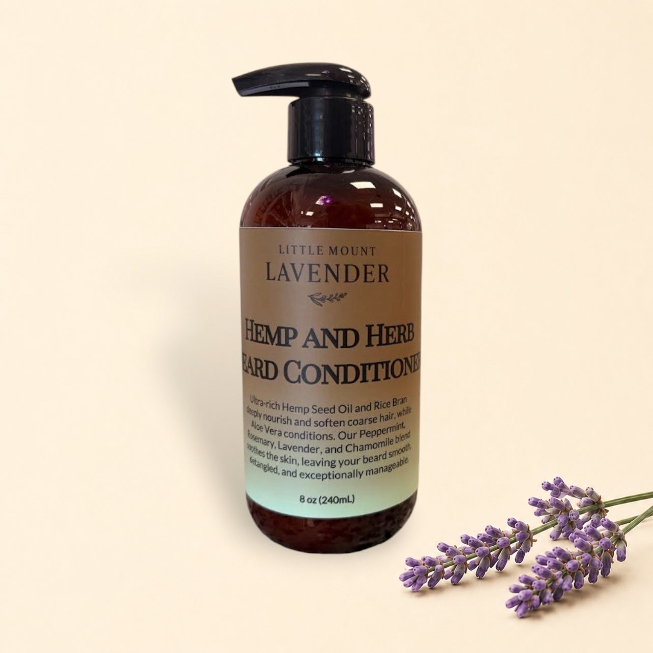 Little Mount Lavender Hemp and Herb Beard Conditioner in an 8 oz pump bottle for nourishing and softening facial hair.