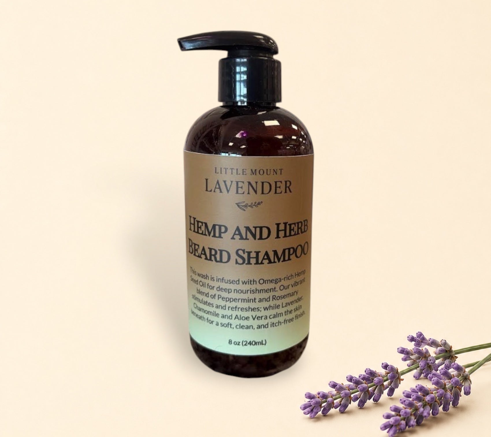 Little Mount Lavender 8 oz Hemp and Herb Beard Shampoo in a brown pump bottle for nourishing and soothing facial hair.