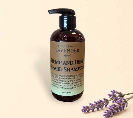 Little Mount Lavender 8 oz Hemp and Herb Beard Shampoo in a brown pump bottle for nourishing and soothing facial hair.