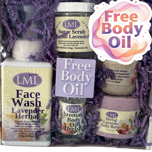 Little Mount Lavender herbal body gift set with face wash, sugar scrub, body butter, and free aromatic body oil.