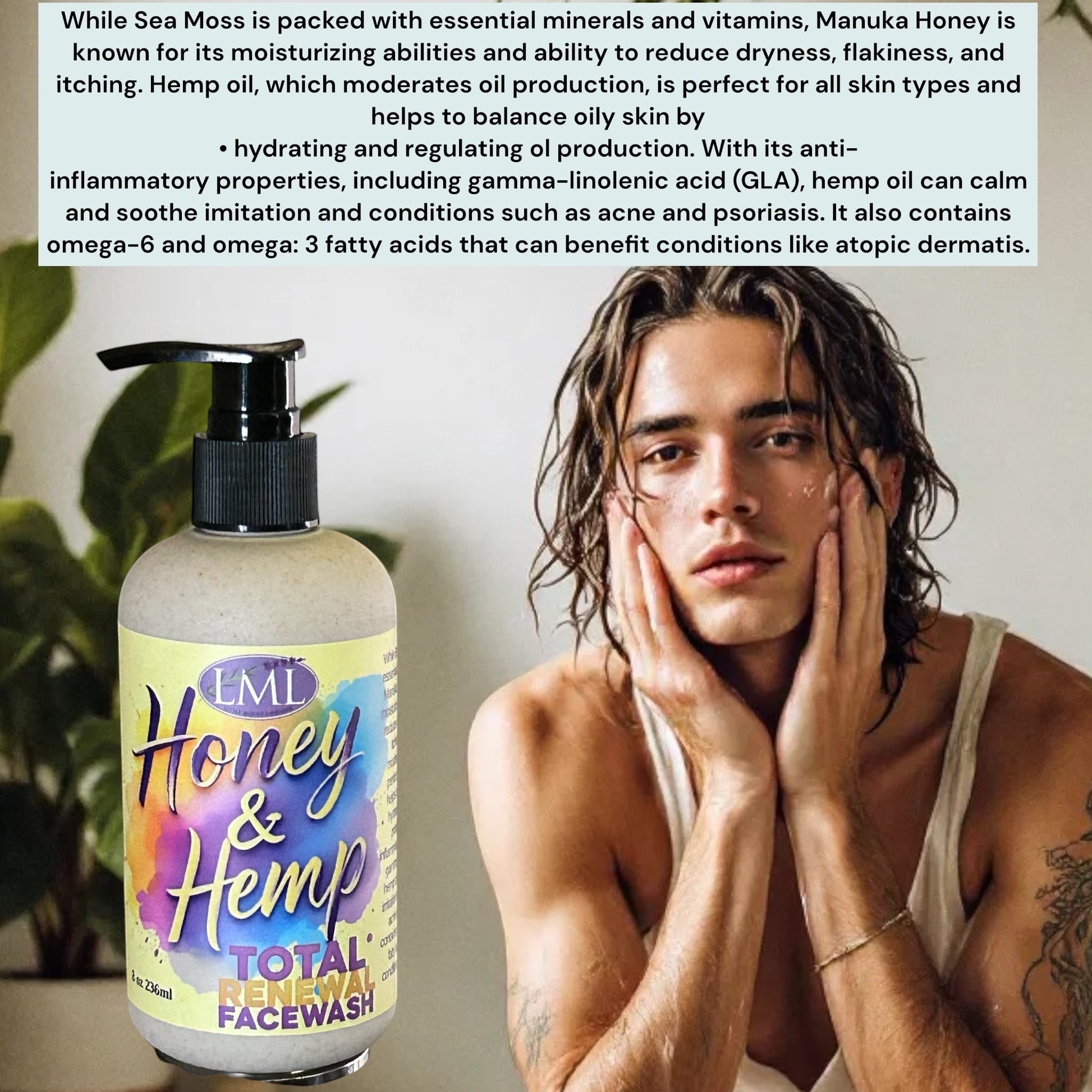 Little Mount Lavender Honey and Hemp face wash bottle next to a man applying skincare in a bright, natural setting.