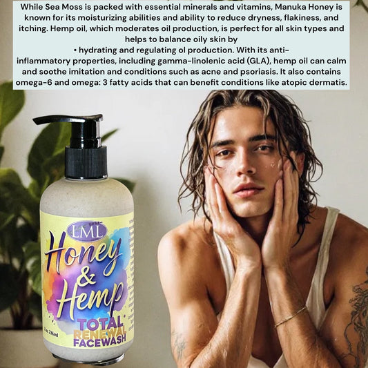 Little Mount Lavender Honey and Hemp face wash bottle next to a man applying skincare in a bright, natural setting.