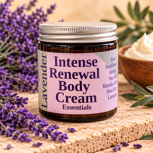 Intense Renewal Body Cream Lavender Essentials in amber glass jar with silver lid, warm cream background and lavender botanicals