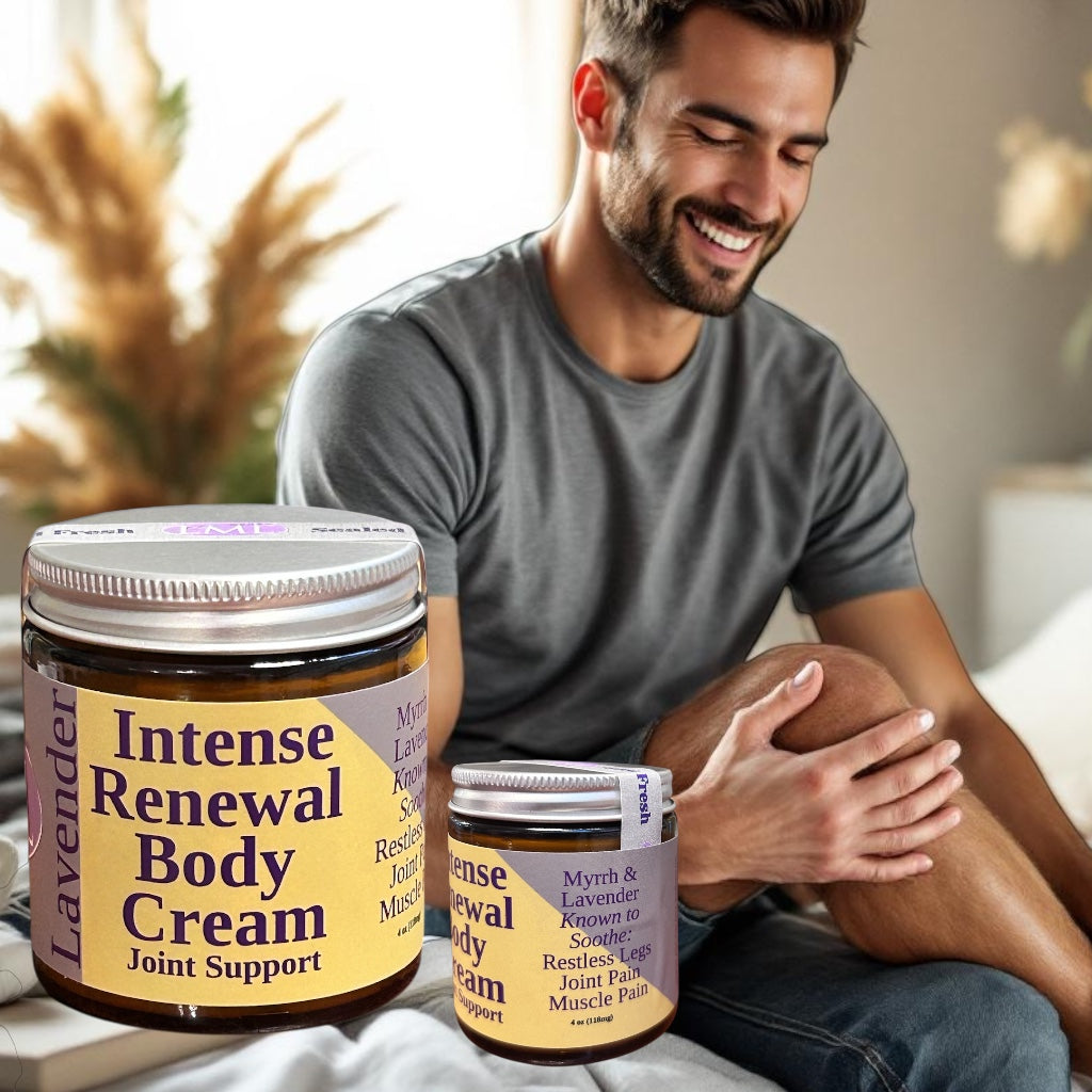 Little Mount Lavender Intense Renewal Body Cream with myrrh and lavender for soothing joint and muscle pain relief.