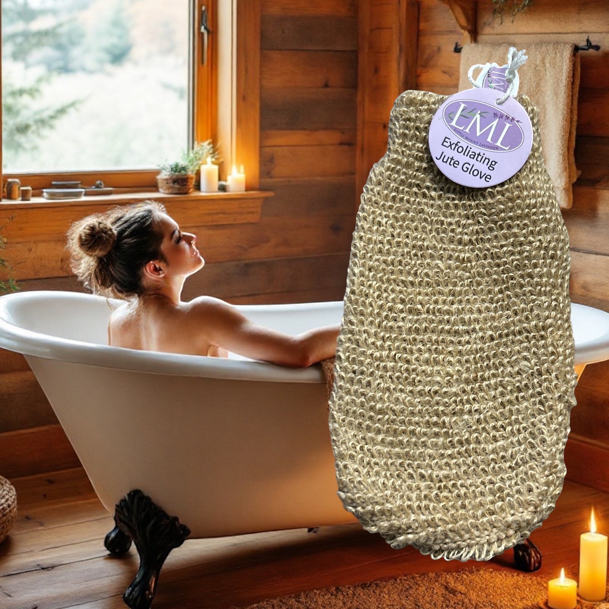 Little Mount Lavender natural jute exfoliating bath glove for smooth skin in a relaxing spa bathroom setting.