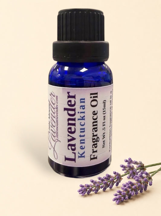 Little Mount Lavender Kentuckian fragrance oil in a 15ml cobalt blue glass bottle with a black dropper cap.