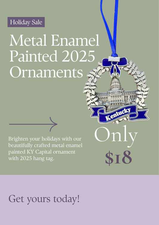 Little Mount Lavender hand-painted metal Kentucky State Capitol ornament with blue ribbon and 2025 hang tag.
