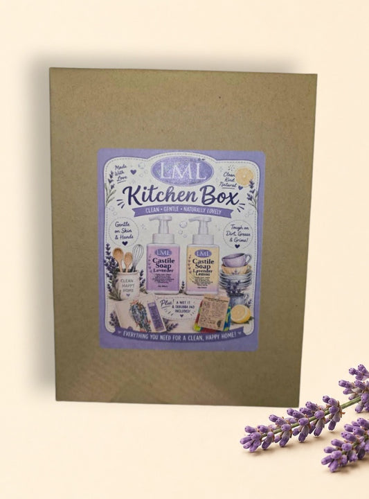 Little Mount Lavender kitchen cleaning gift box set with castile soaps, Skrubba pad, and floral cloth in a gift box.