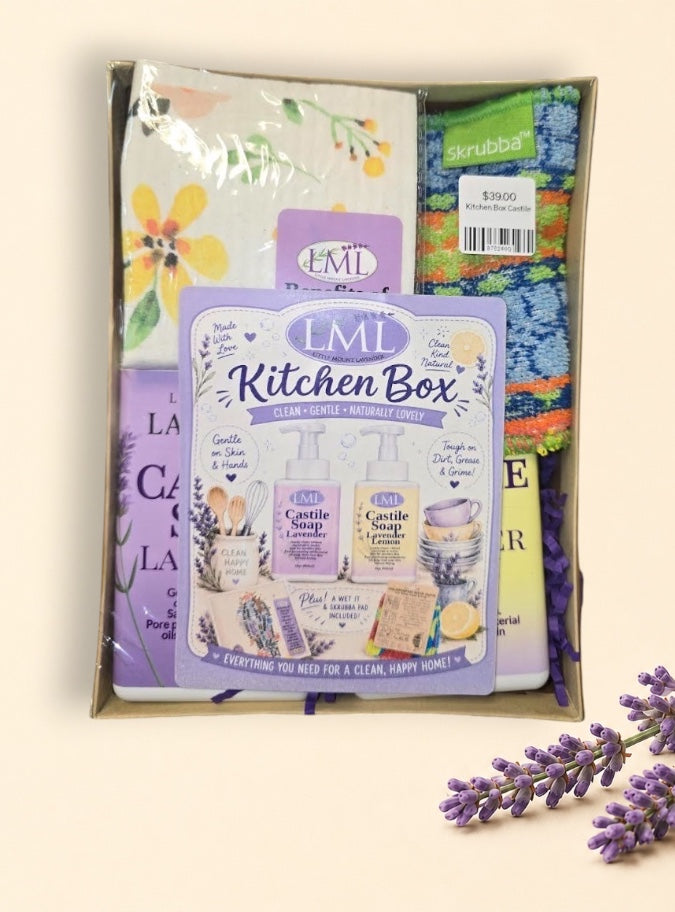Little Mount Lavender kitchen cleaning gift box with castile soaps, floral dish cloth, and a Skrubba scrubbing pad.
