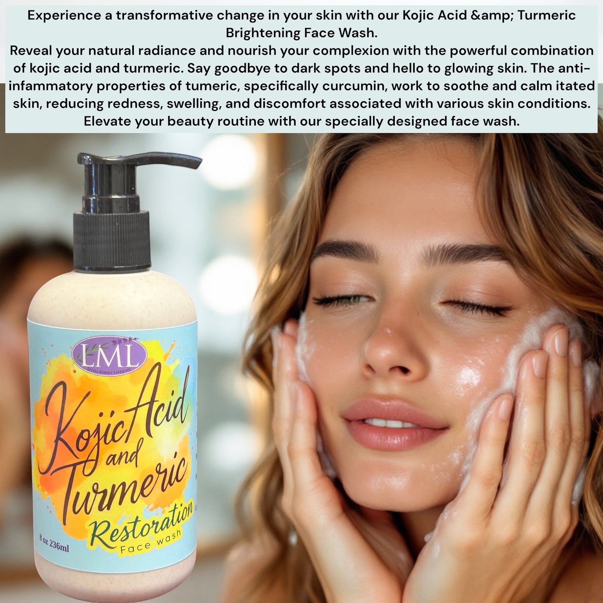 Little Mount Lavender Kojic Acid and Turmeric face wash bottle next to a woman applying brightening cleanser to skin.