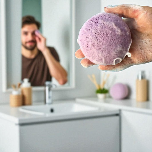 Little Mount Lavender purple konjac sponge for gentle facial exfoliation held in a soapy hand in a bright bathroom.