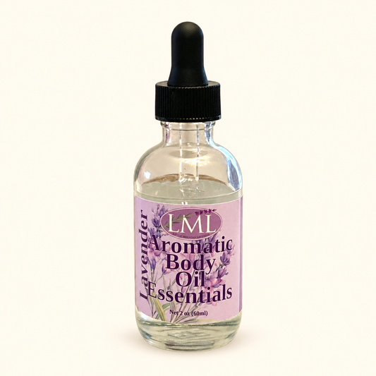 Lavender aromatic body oil in a clear glass dropper bottle with a purple label.