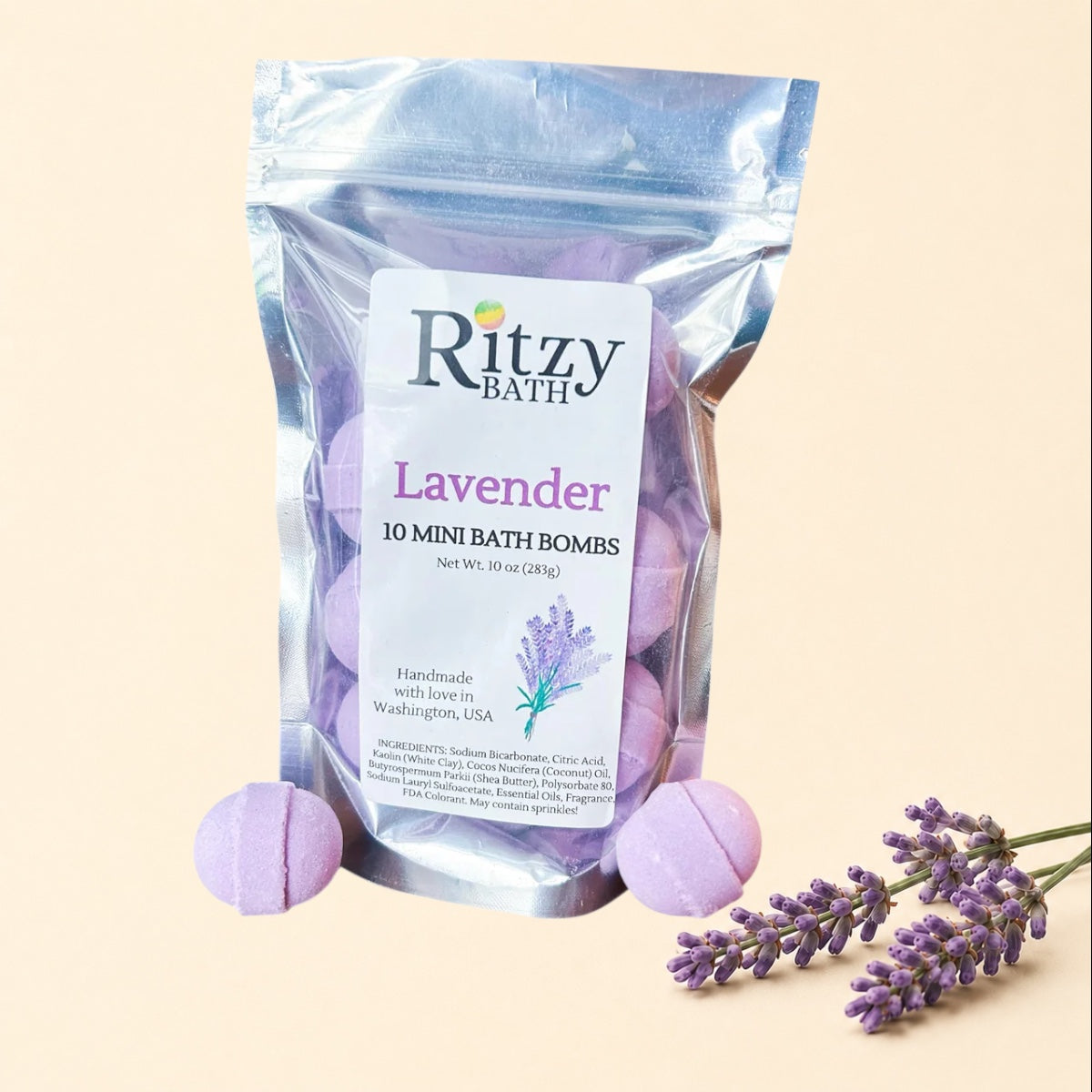 Little Mount Lavender Ritzy BATH lavender mini bath bombs in a clear pouch with three loose violet bath fizzies.