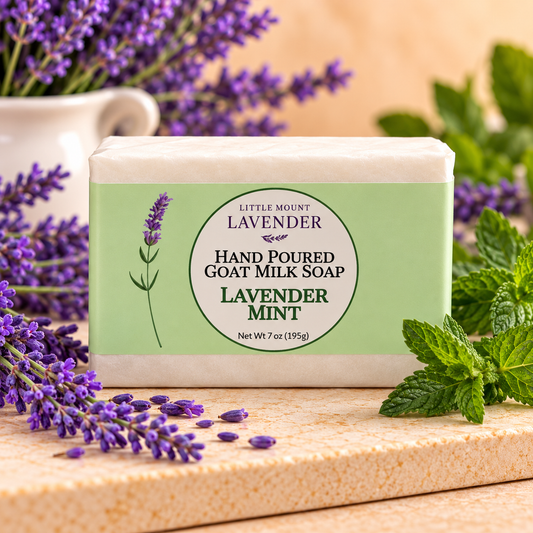 Little Mount Lavender Lavender Mint Goat Milk Soap 7 oz with pale mint-green label, fresh mint and lavender on a warm cream background